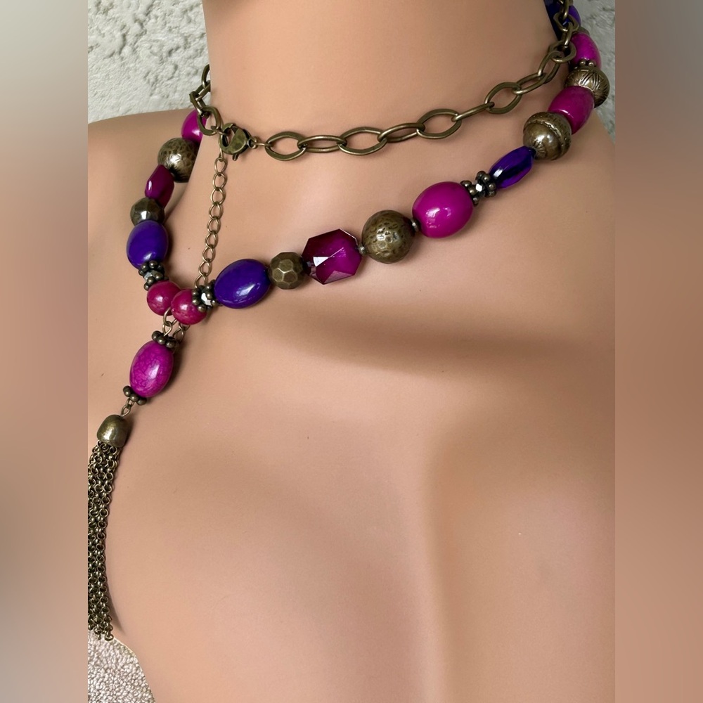 Bohemian Pink and Purple Beaded With Tassel Necklace - Picture 3 of 5